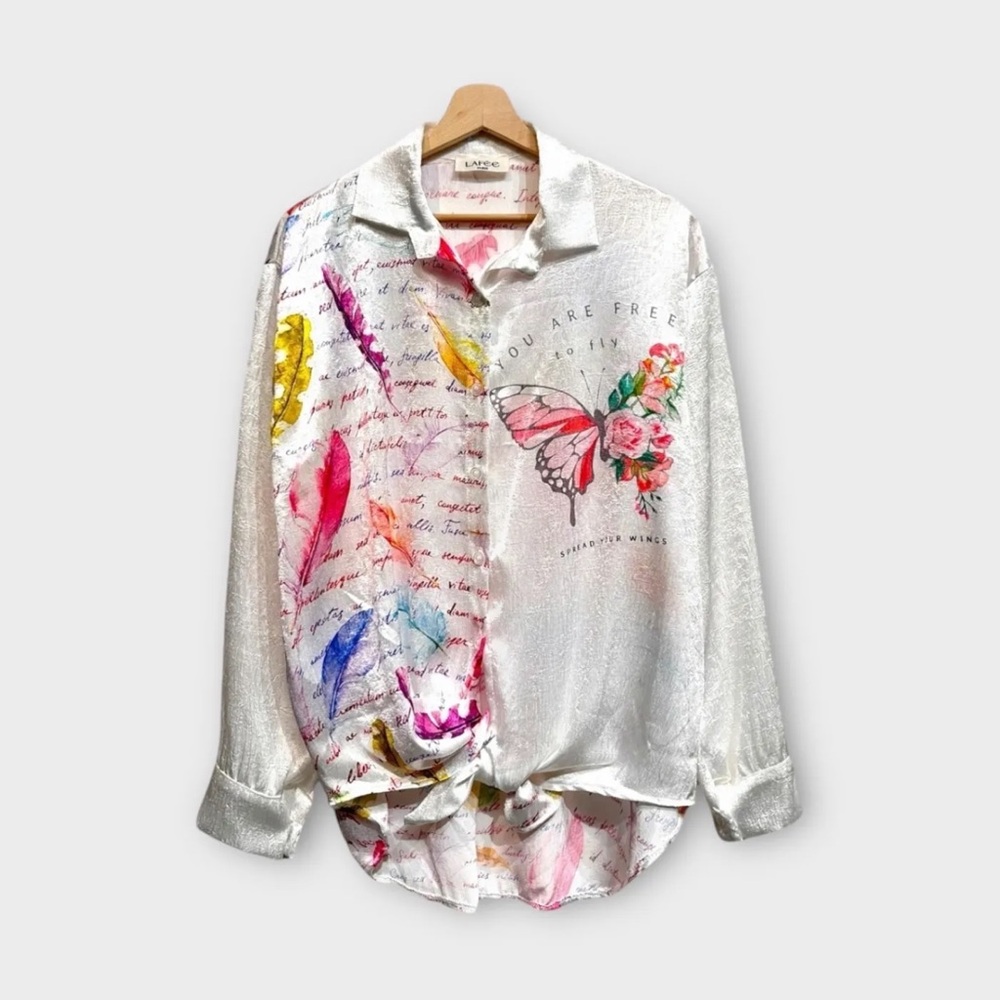 ShopEvelynne White Butterfly Floral Script Button-Up Blouse